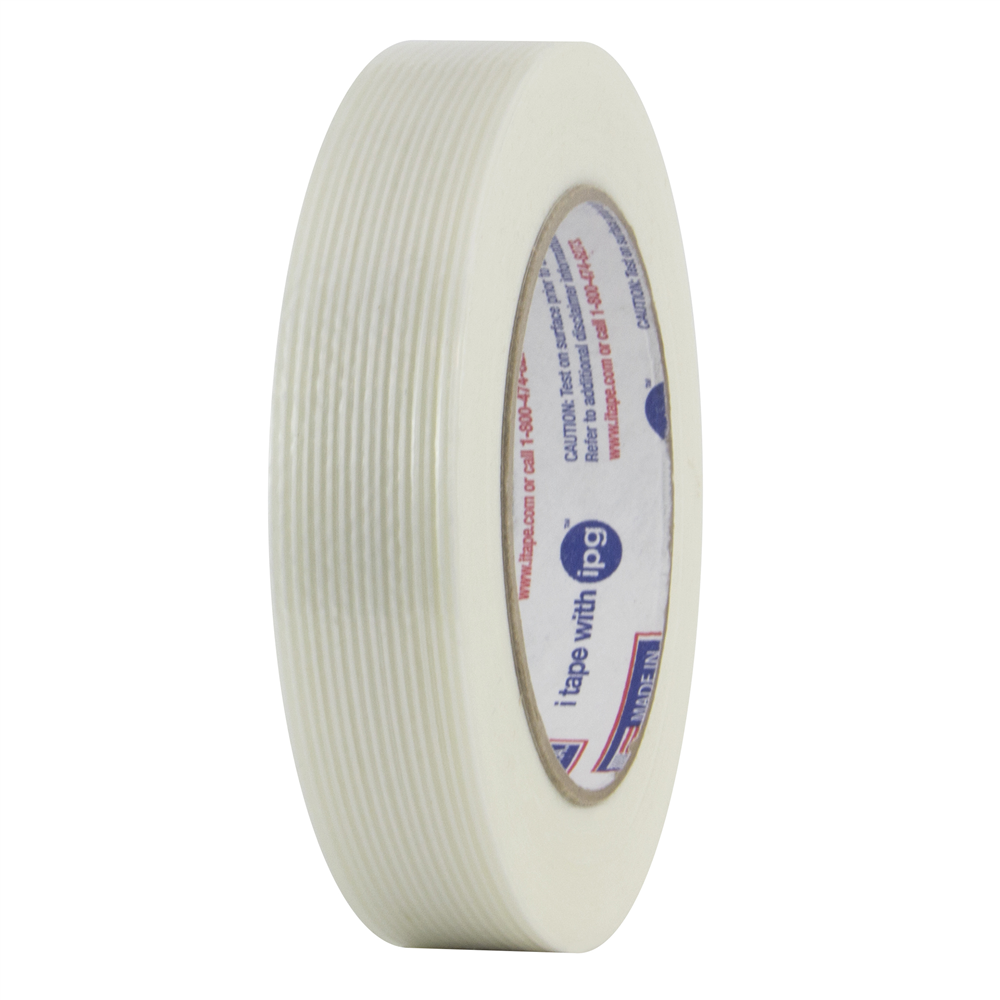 A roll of white adhesive tape with visible ridges, standing upright on its side. Intertape® 4-Mil. Clear Filament Tape (72 mm. x 54.8 m., 16 Rolls/Case)